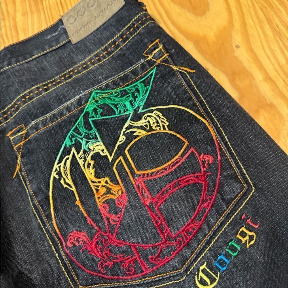 Vintage COOGI Australia Blue Denim Baggy Jeans Rainbow Logo 90s Hip Hop SZ 38X34